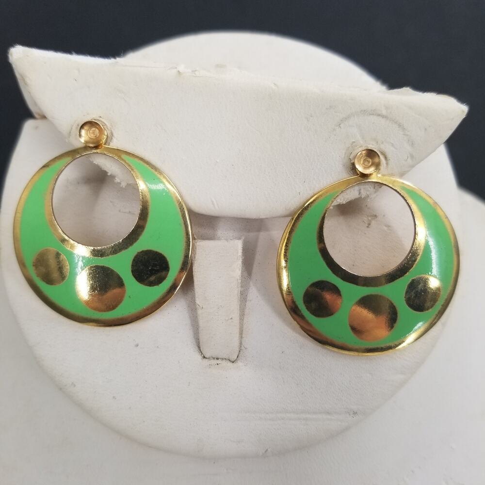 Vintage Green Enamel Golden Post Earrings Costume Jewelry Round hoop MOD